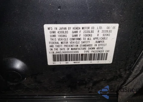 2005 Acura Tsx z USA, uszkodzony, nr VIN JH4CL968X5C033095